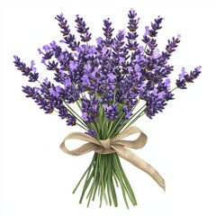 Obraz premium Beautiful Lavender Bouquet with Green Stems and Natural Burlap Ribbon on White Background for Floral Designs and Decorations