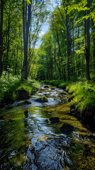 Fototapeta premium Serene Forest Stream with Sunlight Filtering Through The Trees Creating a Tranquil Atmosphere