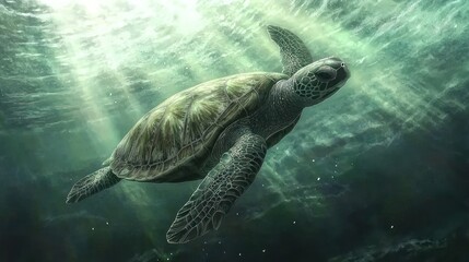 Obraz premium Sea turtle swimming in sunlit ocean water.