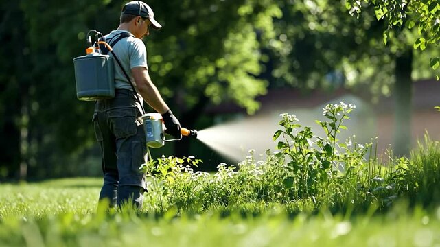 Man spraying weeds in park