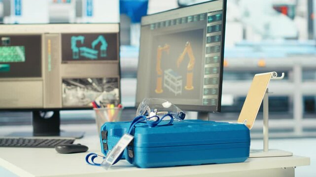 Toolbox on desk in empty photovoltaics factory and PC used for analyzing data and reviewing system metrics. Toolbox in solar panels manufacturing plant used for repairing technical issues faults