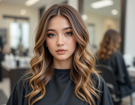 Retrato mujer con un peinado ondulado y mechas rubias en una peluquer&iacute;a