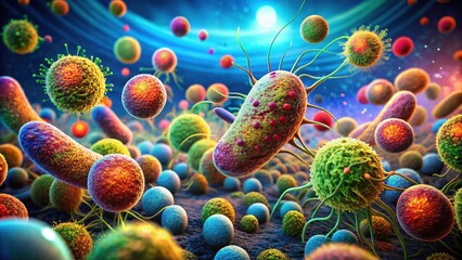 Microscopic Bacteria: Rod & Spherical Cells, Flagella, Microbiology, Colorful Clusters, High Resolution Image