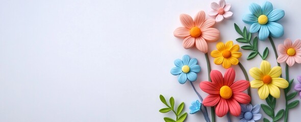 Naklejka premium Colorful clay flowers on white background with leaves and empty space
