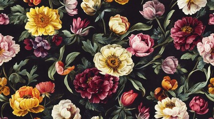 Floral pattern, dark background, vintage style, seamless repeat, wallpaper
