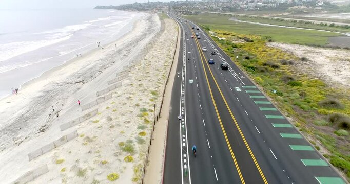 Aerial Path Along North Coast Highway 101 In Southern California. 