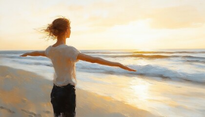 happy woman enjoying sunset freedom on beach with open arms at sea