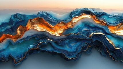 Abstract landscape of layered blue and gold textures under a soft sunrise, evoking tranquility
