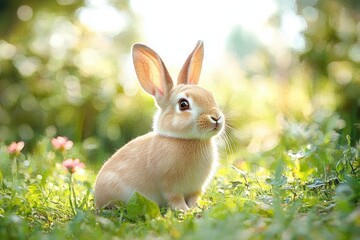 Fototapeta premium Cute Brown Rabbit on Green Grass in Soft Focus Impressionism Style
