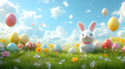 Fototapeta premium Cute bunny surrounded by colorful Easter eggs and flowers under a bright blue sky