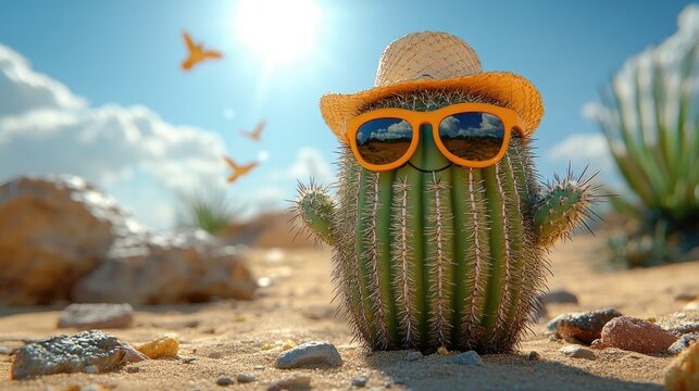 A cheerful cactus wearing sunglasses and a straw hat stands in a sunny desert landscape