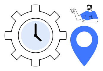 Gear with clockface representing time management next to blue location pin and figure pointing. Ideal for productivity, efficiency, navigation, planning, coordination, task management, location