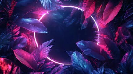 Naklejka premium Neon circle frame amidst vibrant tropical leaves; dark background, for design element