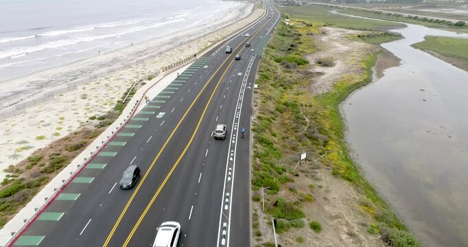 Aerial Path Along North Coast Highway 101 In Southern California. 