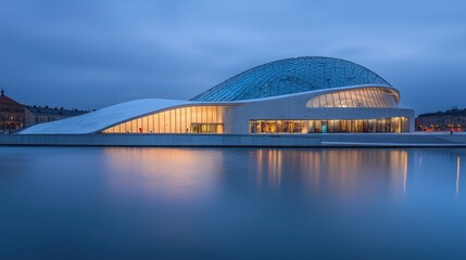 Obraz premium Modern glass dome building reflecting in calm water at dusk.