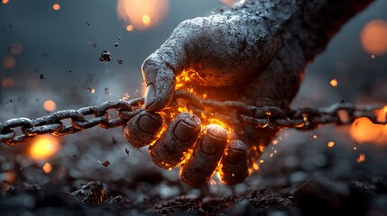 A metallic hand grasping a glowing chain, surrounded by sparks and glowing embers, creating a dramatic atmosphere.