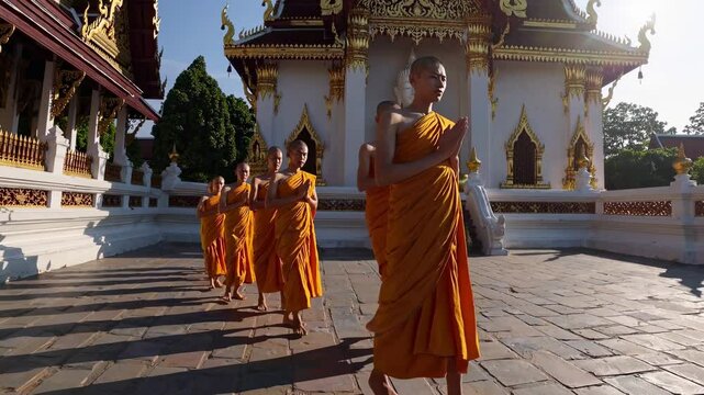 Wide-angle video capturing monks in orange robes walking towards the camera in a serene temple courtyard, with a large Buddha statue in the background.