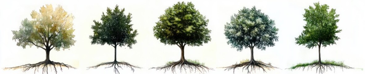 Watercolor Tree Growth Stages with Visible Roots on White Background