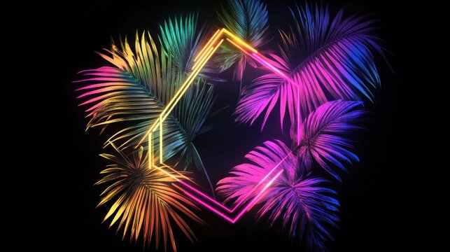 Neon hexagon frame with tropical leaves, summer party background, vibrant colors, design template
