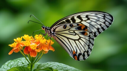 Close-up of a lime butterfly feeding on orange flowers.