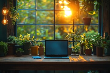 Stressed Woman Working in Home Office Surrounded by Plants and Laptop
