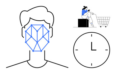 Blue geometric shapes on a human face, a woman sitting with a shopping cart, and a simplistic clock. Ideal for technology, shopping, time management, efficiency, modern lifestyle, human interaction