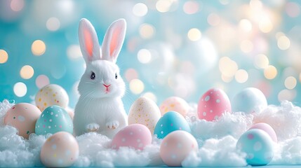 Cute white bunny surrounded by colorful Easter eggs on a soft, whimsical background