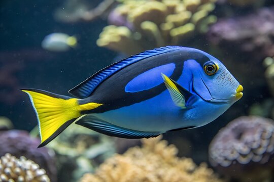 Close-up of a Palette Surgeonfish (Paracanthurus hepatus) Swimming in Aquarium. Blue fish