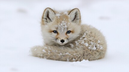Curling up on pristine white background tiny arctic fox cub showcases its fluffy fur contrasting its captivating blue eyes and delicate nose resembling ball of snow.