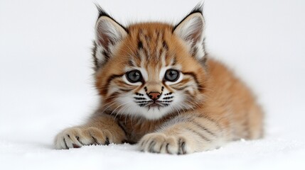 tiny lynx kitten displays curiosity its big blue eyes and tufted ears while resting on pure white surface showcasing its soft golden spotted fur and oversized paws.