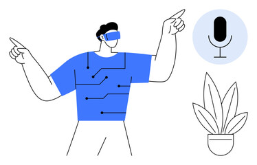 Futuristic technology enthusiast pointing while wearing a VR headset abstract connection lines on shirt. Ideal for innovation, virtual reality, voice control, technology trends, digital interaction