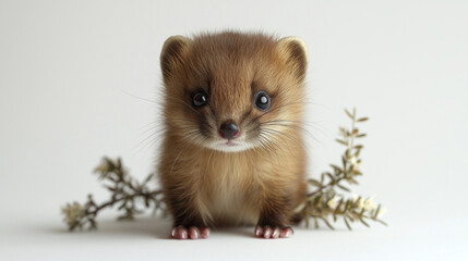 tiny pine marten cub stands upright on its hind legs showcasing its dark brown and golden fur bright eyes brimming curiosity and small rounded ears enhance its cuteness.