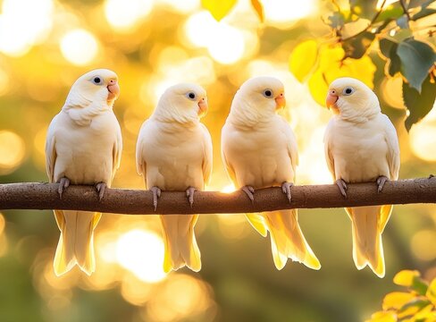 Four adorable pastel yellow parakeets perched on a branch bathed in golden sunlight.