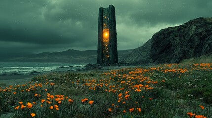 towering stone altar adorned glowing golden runes stands on hidden island. Its massive celestial disk spins slowly revealing constellations against night sky.