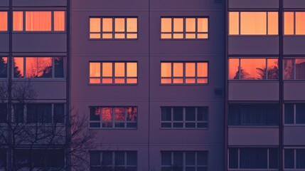 Sunset reflected in apartment building windows.