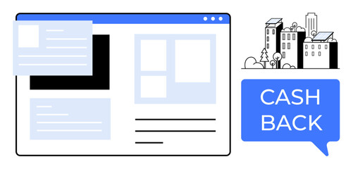 Webpage layout featuring interface design, text blocks, placeholders, with a floating CASH BACK speech bubble and a cityscape. Ideal for web design, online shopping, urban development, financial