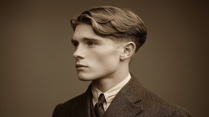 studio portrait showcases young man precise 1920s side part haircut. sepia toned backdrop enhances vintage aesthetic reflecting timeless fashion and style.