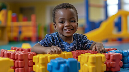 child developmental disabilities is happily improving hand coordination during therapy session supportive therapist. Colorful and fun activity tools create engaging atmosphere.