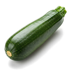A dark green zucchini, with subtle speckled patterns, lies diagonally against a clean white backdrop