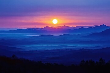 Full Moon Rising Over Serene Blue Mountains and Silhouetted Peaks at Dusk