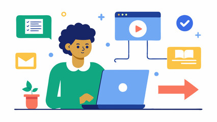 User Dashboard Help A support spet guiding a user through an online course dashboard on a laptop with arrows pointing to different features like course progress assignments and