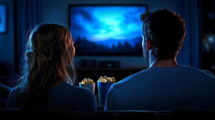 A couple enjoying a movie night at home, illuminated by the glow of the screen, with popcorn in hand.