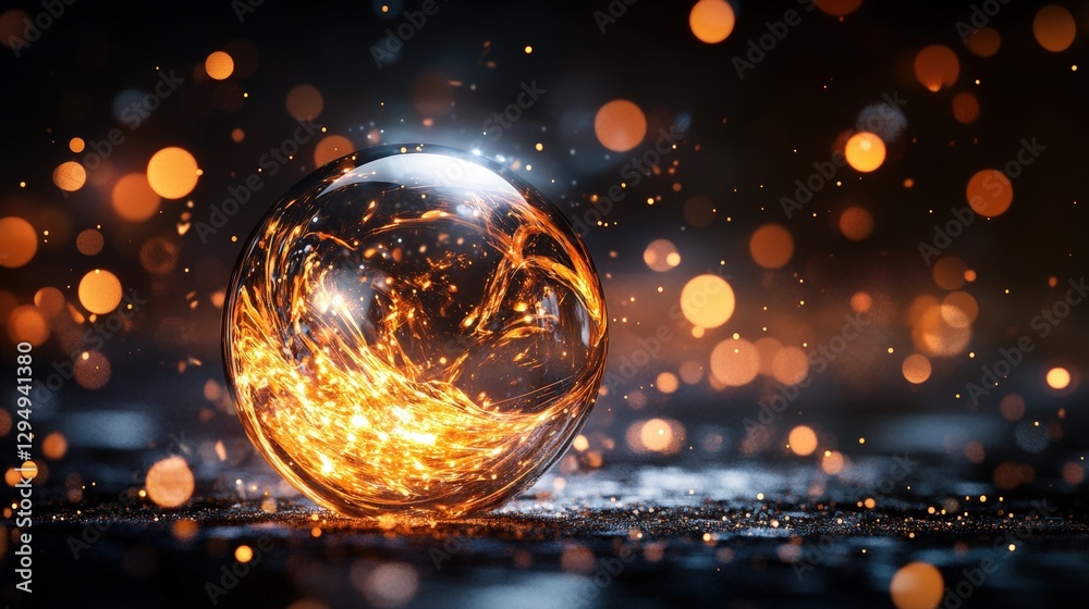 Poster glass sphere with flame inside creating a mesmerizing visual effect on a dark background