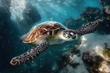 Obraz premium Hawksbill Sea Turtle Swimming Gracefully in Blue Water at Tachai Pinnacle Underwater Conservation Adventure