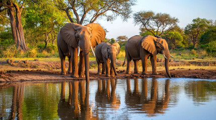 Fototapeta premium herd of elephants at watering hole, showcasing their majestic presence in nature