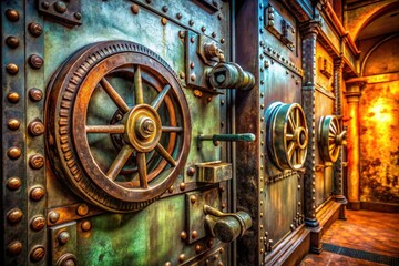 Panoramic View Old Bank Vault Wheel Lock Strongbox Safe Door Metal Security Antique