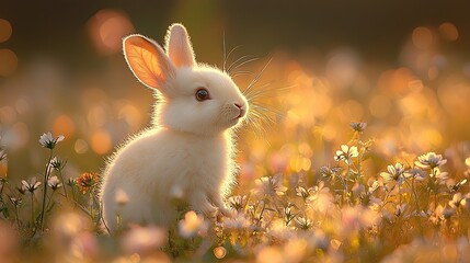 Adorable white rabbit sitting amidst blooming flowers in a sunlit meadow during springtime