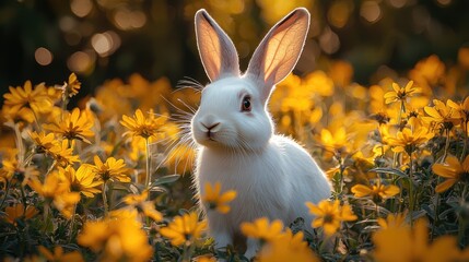 White rabbit sitting among vibrant yellow flowers in a sunny garden, evoking a serene atmosphere