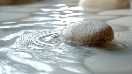 Serene close-up of a smooth stone resting in tranquil water with gentle ripples and soft reflections