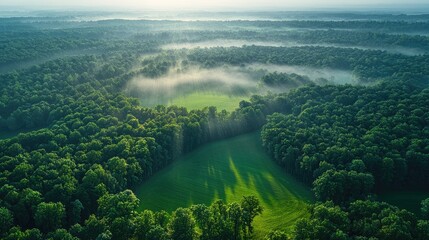 Aerial view of a lush green forest with mist, showcasing nature's tranquility and beauty